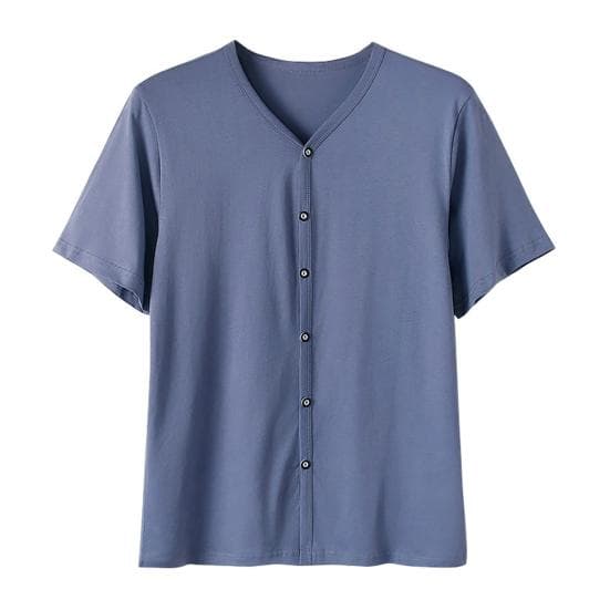 Men Button Down T-shirt Solid Color V-Neck Short Sleeve Tee Shirt Summer Casual Breathable Top for Daily Wear Street XL blue/grey