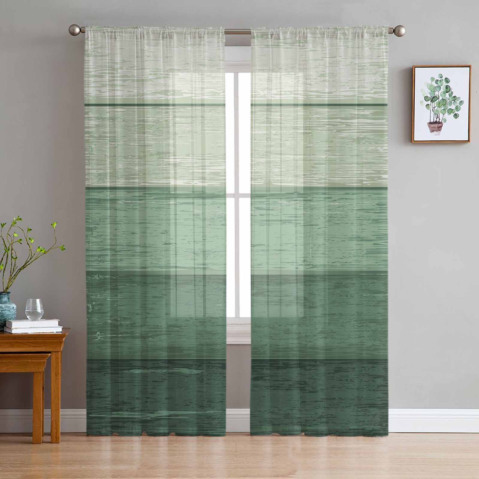 Wood Grain Striped Green Gradient Window Tulle Curtains for Living Room Bedroom Hotel Luxury Decoration Sheer Curtains 135W x 114H(cm)