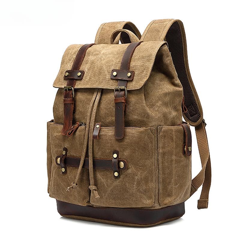 Canvas Men's Backpack Oil Wax Waterproof Backpack Crazy Horse Leather Electric Head khaki