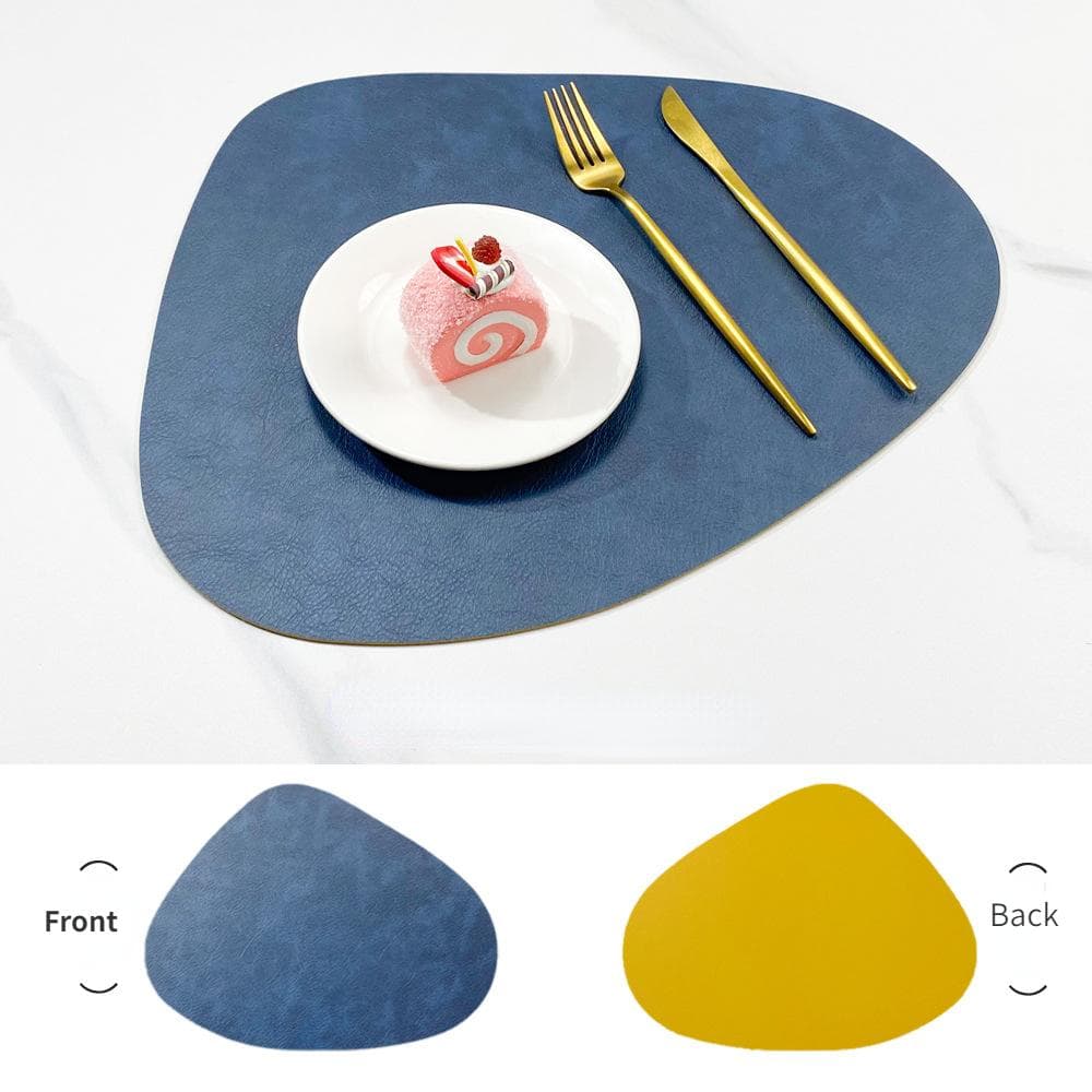 Double Sided Anti Slip Insulation Pad Table Mat, Nordic Style Imitation Cowhide Pattern Water Droplet Shaped Leather Placemat dark blue