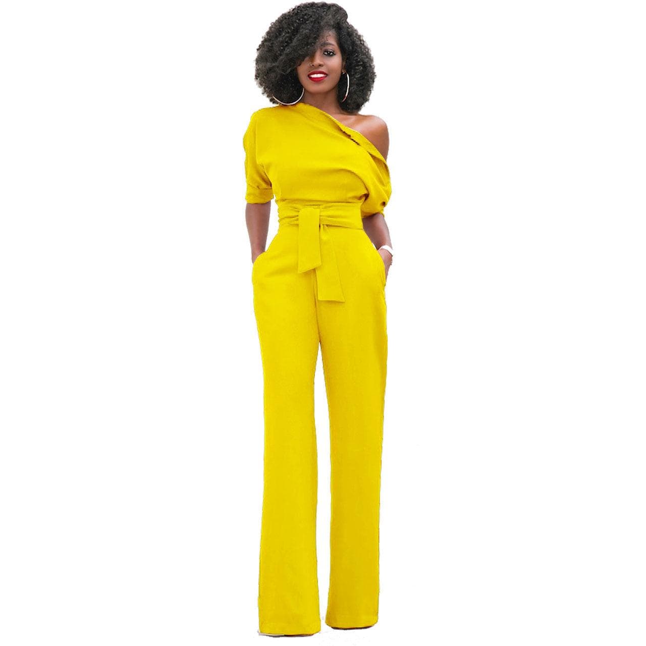 7 Color Women's Fashion Solid Color Slanted Collar Button-up Jumpsuit Wide-leg Pants XXL