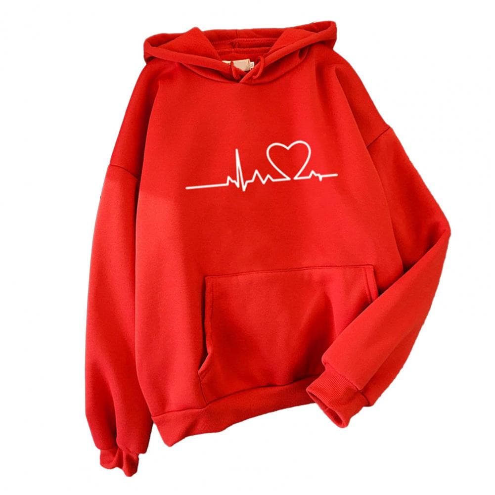 Couple Fall Winter Hoodie Long Sleeve Print Loose Elastic Cuff Big Pocket Hooded Drawstring Soft Warm Unisex Daily Pullover Hood M red
