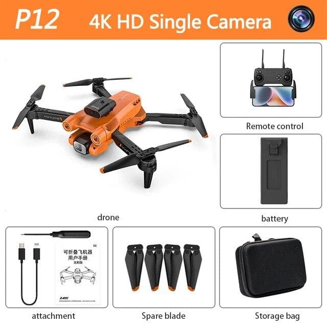 P12 Pro Drone 4K/8K HD Aerial ESC Photography Drone Tracking Low Power Return Three-Axis Gimbal Anti-shake Video Quadcopter Toy Gift 4K single camera 1 battery orange
