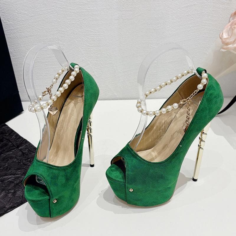 Liyke Sexy Peep Toe Wedding Banquet Green High Heels Strip Pole Dance Shoes Fashion String Bead Ankle Strap Platform Pumps Women 35 green