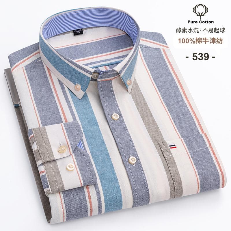 100% Cotton Oxford Men's Shirts Long Sleeves Plaid Soft Regular Fit Formal Dress Shirt Pocket Social Blouse Male Clothes S-7XL M