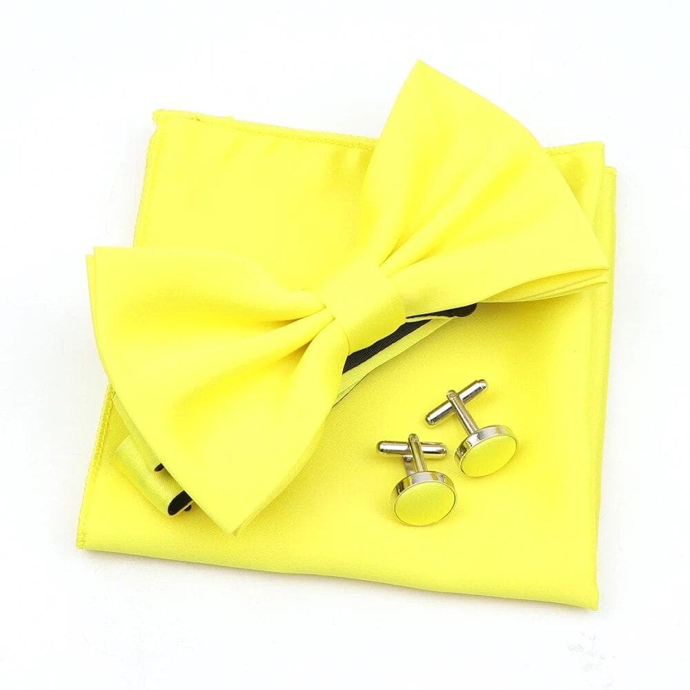 Solid Color Mens Bowtie Handkerchief Cufflinks Set Polyester Butterfly Wedding Party Dinner Accessories