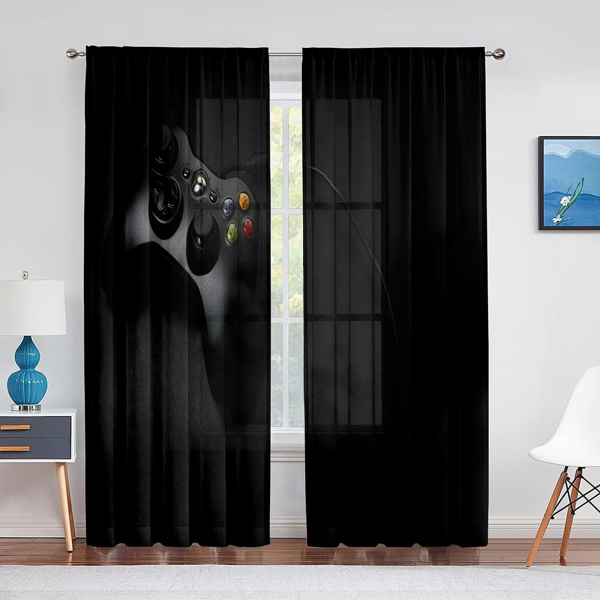 Boys Gamer Tulle Curtains for Living Room Decor Gaming Controller Video Game for Kids Sheer Voile Curtain Window Drapes Blinds 1 PCS W250XH250cm&Grommet Top