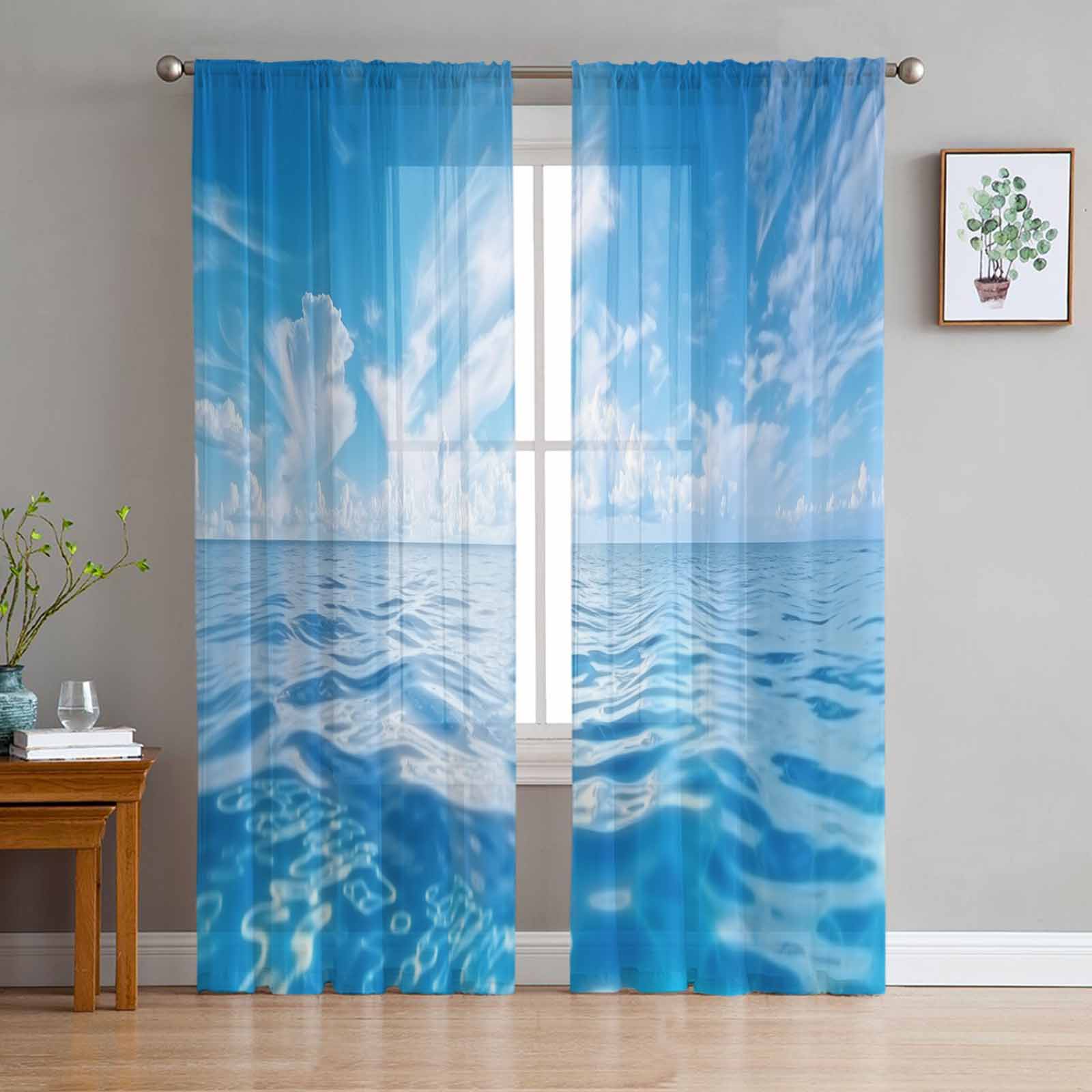 Ocean Summer Wallpaper Sunshine Tulle Window Curtains for Bedroom Luxury Home Decor Drapes in Living Room Chiffon Panels 135W x 114H(cm)