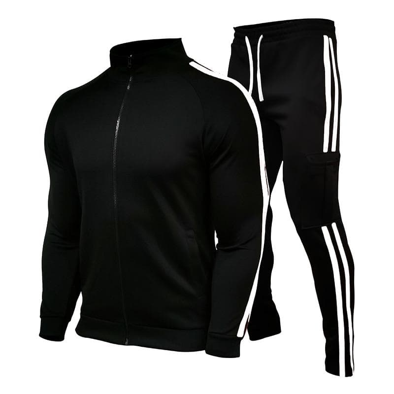 Fashion Men's Two-Piece Striped Sportswear Men's Zipper Top Outdoor Sports Pants Track Suit Suit M black