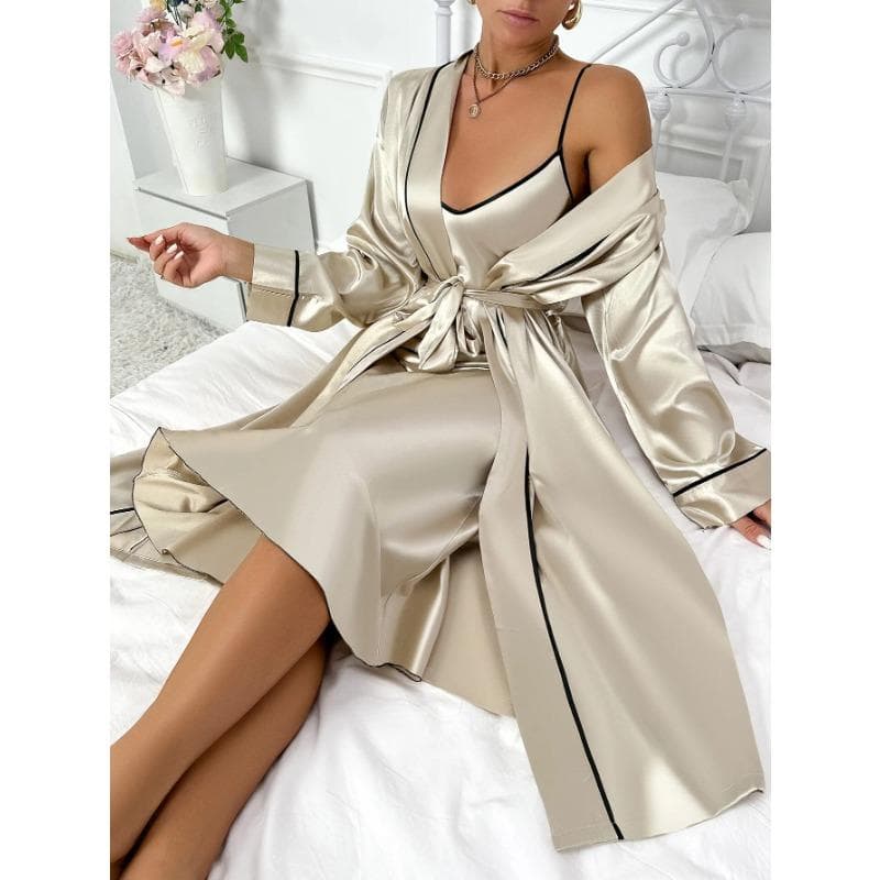 Women's Luxury Silk Pajamas Set Long Sleeve Robe Comfortable Loose Slip Skirt Women's Pajamas Two Piece Set S