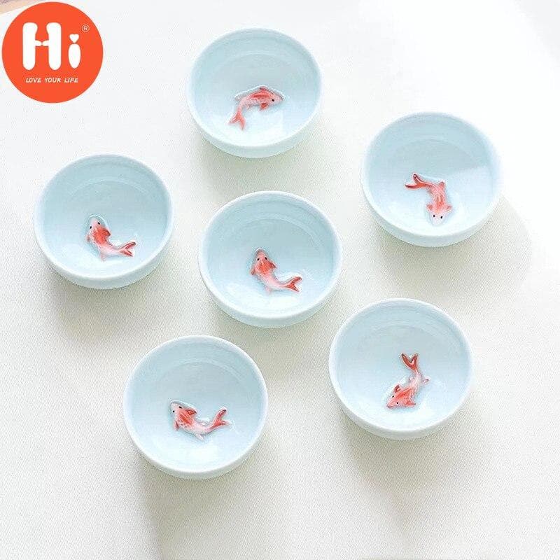 6Pcs/Set Office Tea Cup Creative Celadon 3D Fish Teacups Crackle Glaze Travel Tea Bowl Porcelain Kung Fu Water Mug Drinkware