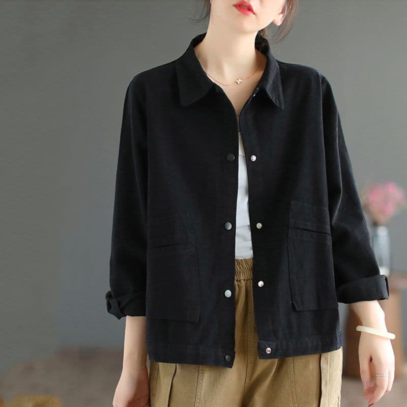 Women Casual Short Jackets Autumn Vintage Style Solid Color All-match Loose Female Cotton Outerwear Coats XL black