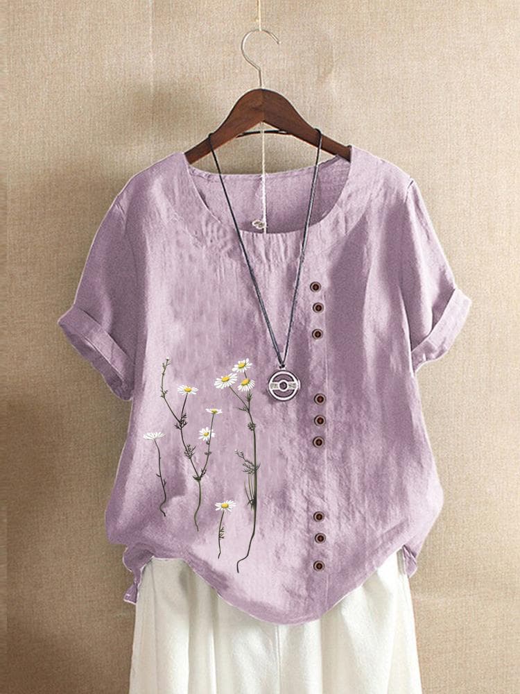 Cotton and Linen Printed T Shirt Tops Women's Summer Loose T Shirt Shirts XS light purple
