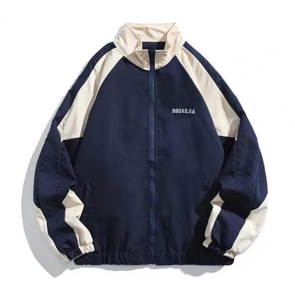 Hip Hop Jacket Patchwork Windbreaker Coats for Women Men Casual Zipper Stand-up Collar Block Outerwear for Spring Autumn Outdoor XXXL navy blue