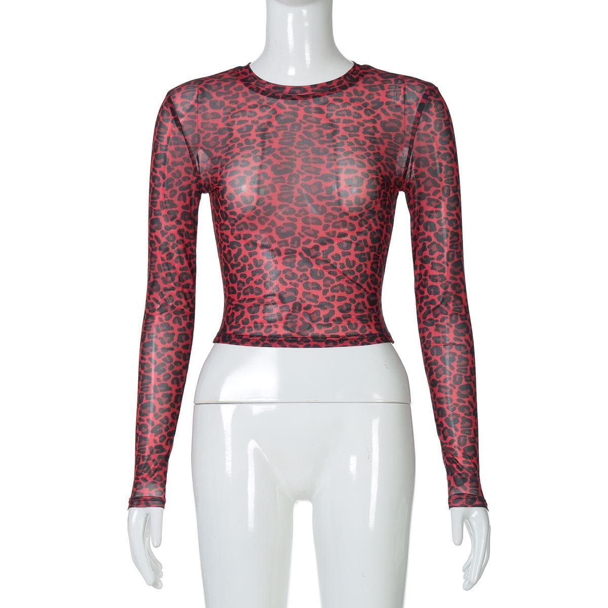 2025 Women's,Summer New,Round Neck,Long Sleeve,Leopard Print,Mesh See Through,Long Sleeve T-Shirt Top L red