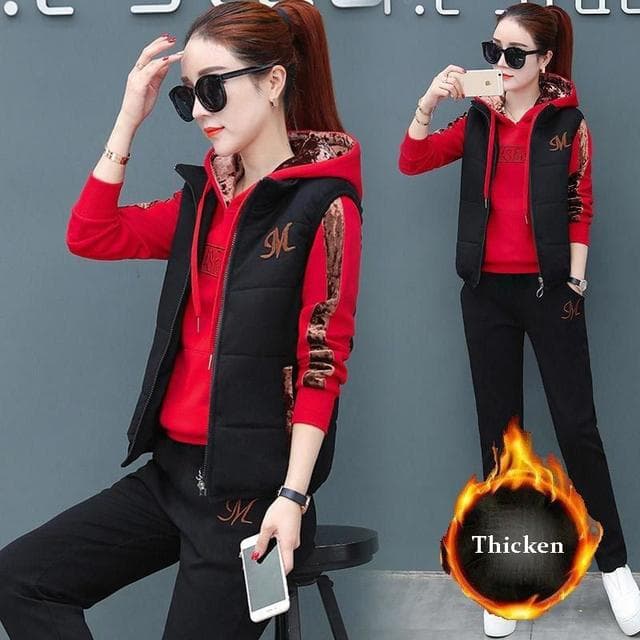 3 Piece Set Women Suit Tracksuit Winter Hoodies+Vest+Pants Track Suit Plus Velvet Warm Sporting Suits Female Clothes 8110924 M47.5kg red