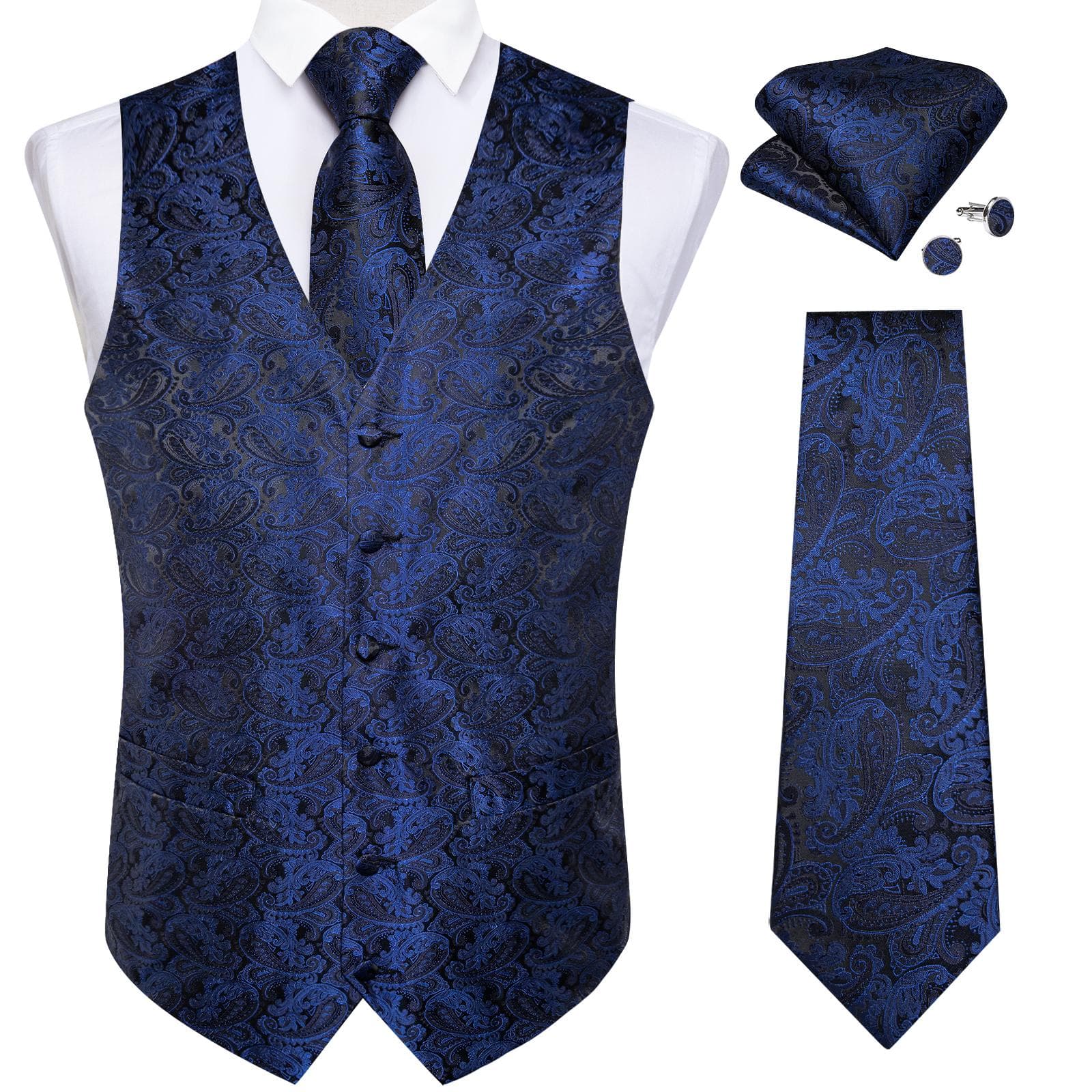 Dibangu Mens Yellow Paisley Vest Suit Waistcoat Hanky Cufflinks Tie Set Wedding S