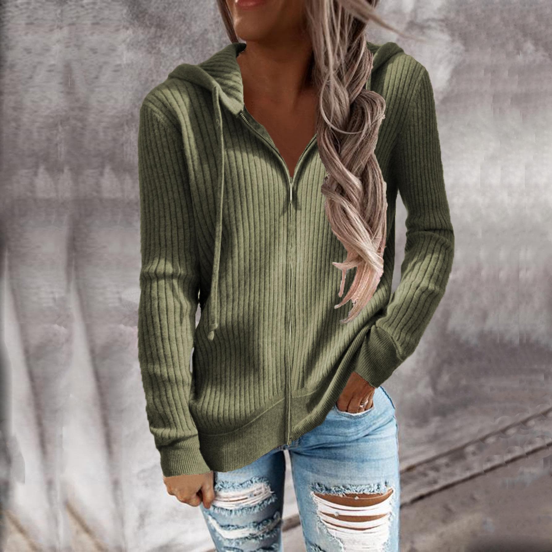 European and American Autumn and Winter Women's Sweater Knitwear Long Sleeve Hooded Women XL army green
