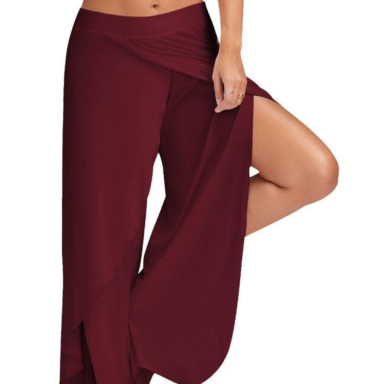 Elastic Waist Mid-Rise Fitness Trousers Solid Color Straight Yoga Pants Women Split Wide Leg Cropped Pants Female Clothing L wine red