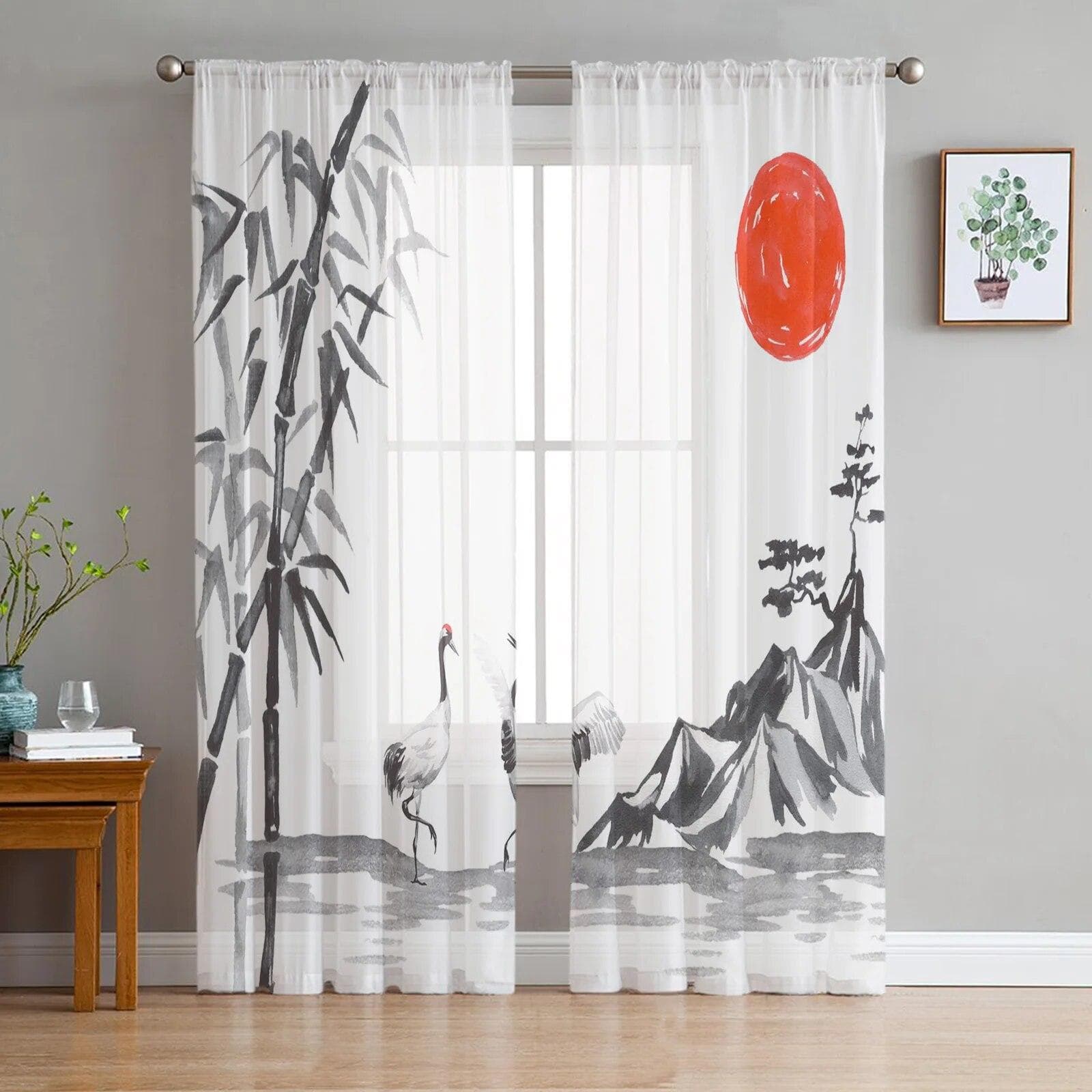Green Bamboo Zen Plant Tulle Curtains for Living Room Bedroom Modern Chiffon Sheer Kitchen Curtains 135W x 114H(cm)