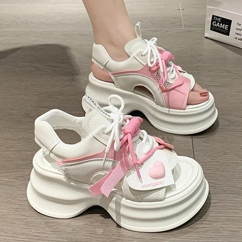 Summer Thick Bottom Wedge Walking Shoes Woman Peep Toe Lace Up Chunky Sandalias Fashion Sports Platform Sandals Women 39 pink