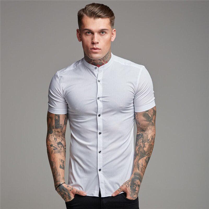 Muscleguys New Arrivals Summer Man Short Sleeve Shirt Solid Fitness Mens Stand Collar Super Slim Fit Business Dress Shirt Button Gym Tops XL white