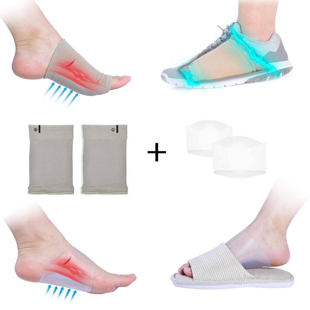 2 Pairs - Foot Arch Support Sleeves and Original Silicone Gel Pads Set, Compression Arch Pad