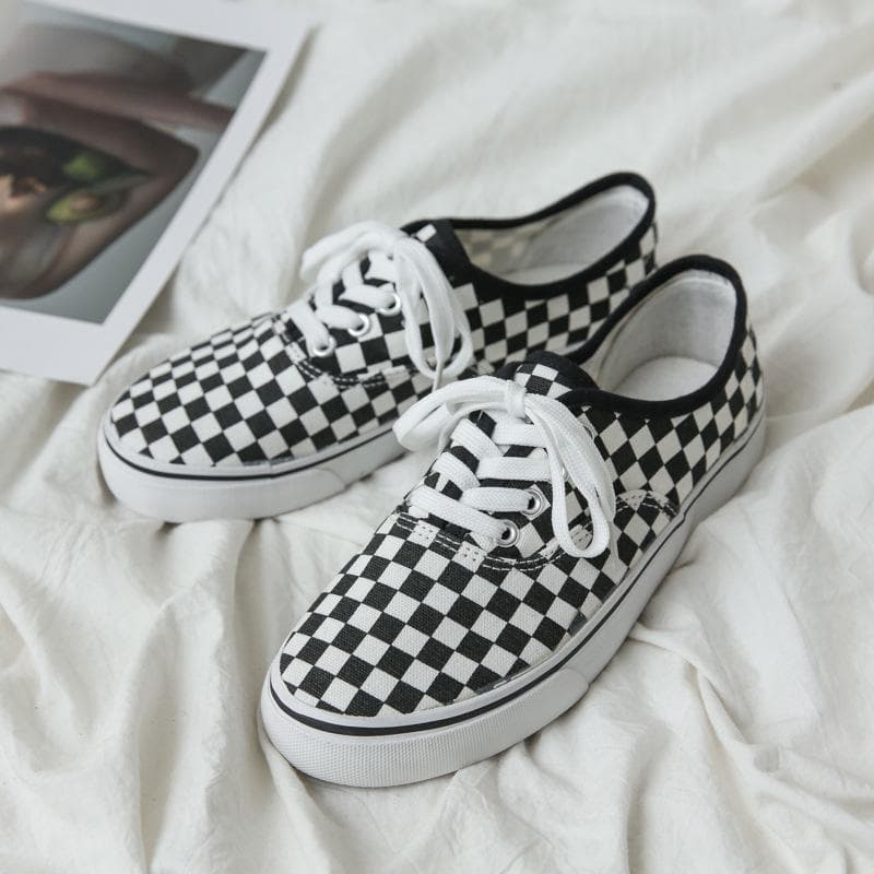 Loafers Men's Spring New Black and White Plaid Canvas Shoes Couple Sneakers 42