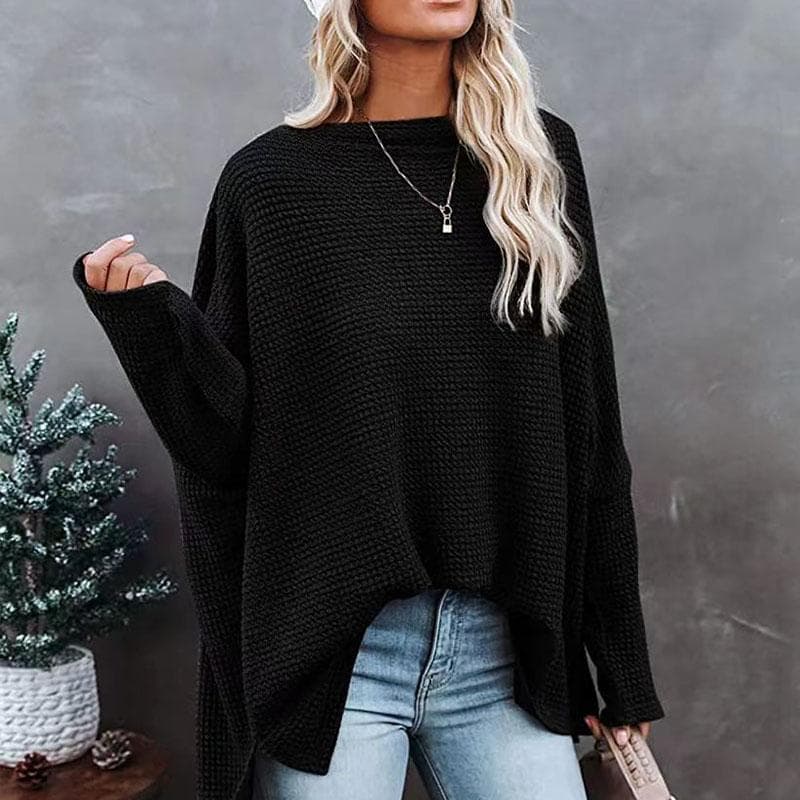 Spring and Autumn Women's T-shirt Casual Off-shoulder Bat Long Sleeve Waffle Knitted Oversized Pullover Sweater Pullover Tops L black