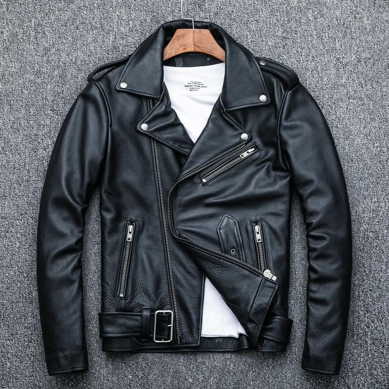 Heavy Head Layer Pure Cowhide Motorcycle Leather Jacket Leather Men Lapel Motorcycle Suit Slim Body S
