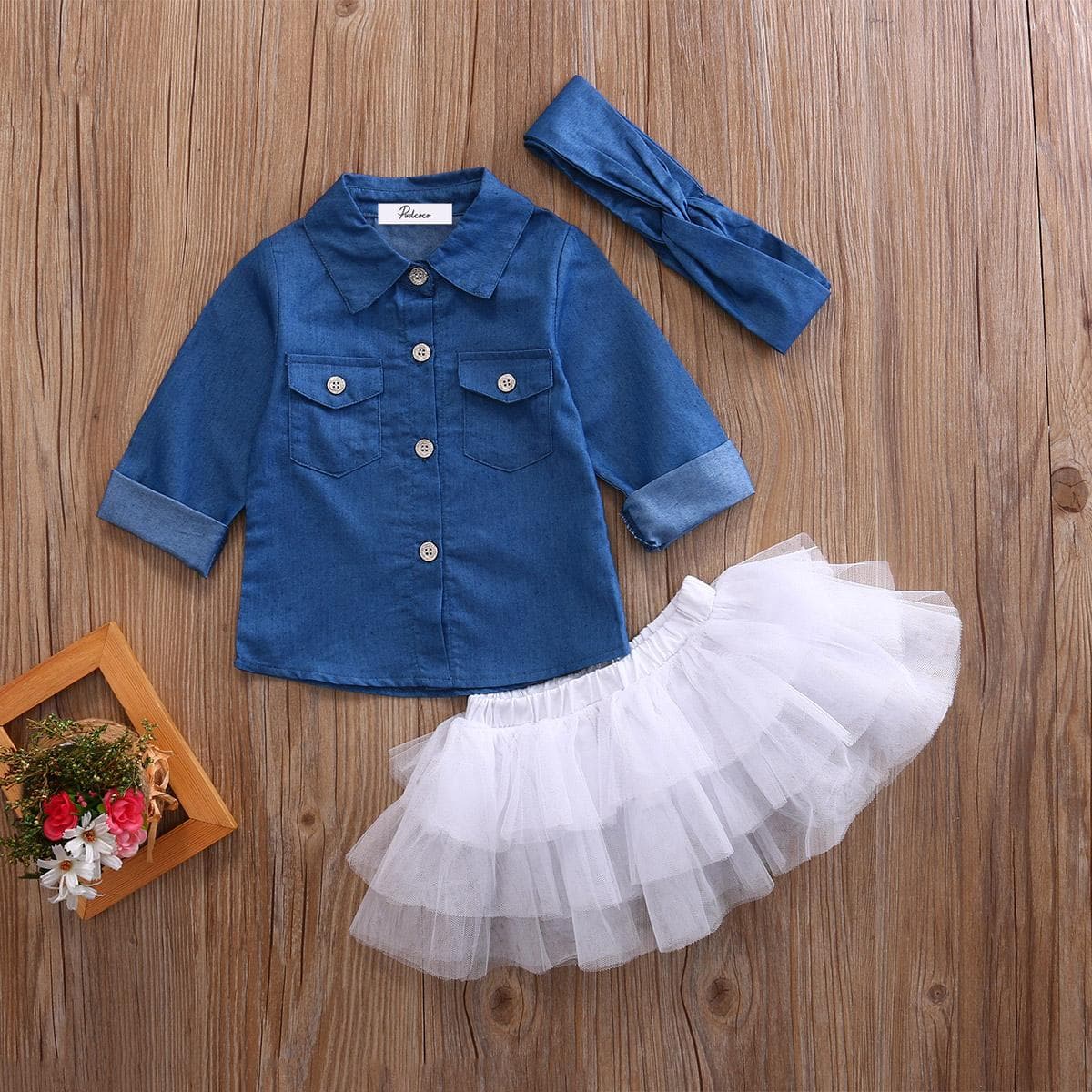 Kids Baby Girl Denim Shirt Clothes+Lace Tulle Skirts Dress Headband Outfits Set 1-2 Years blue