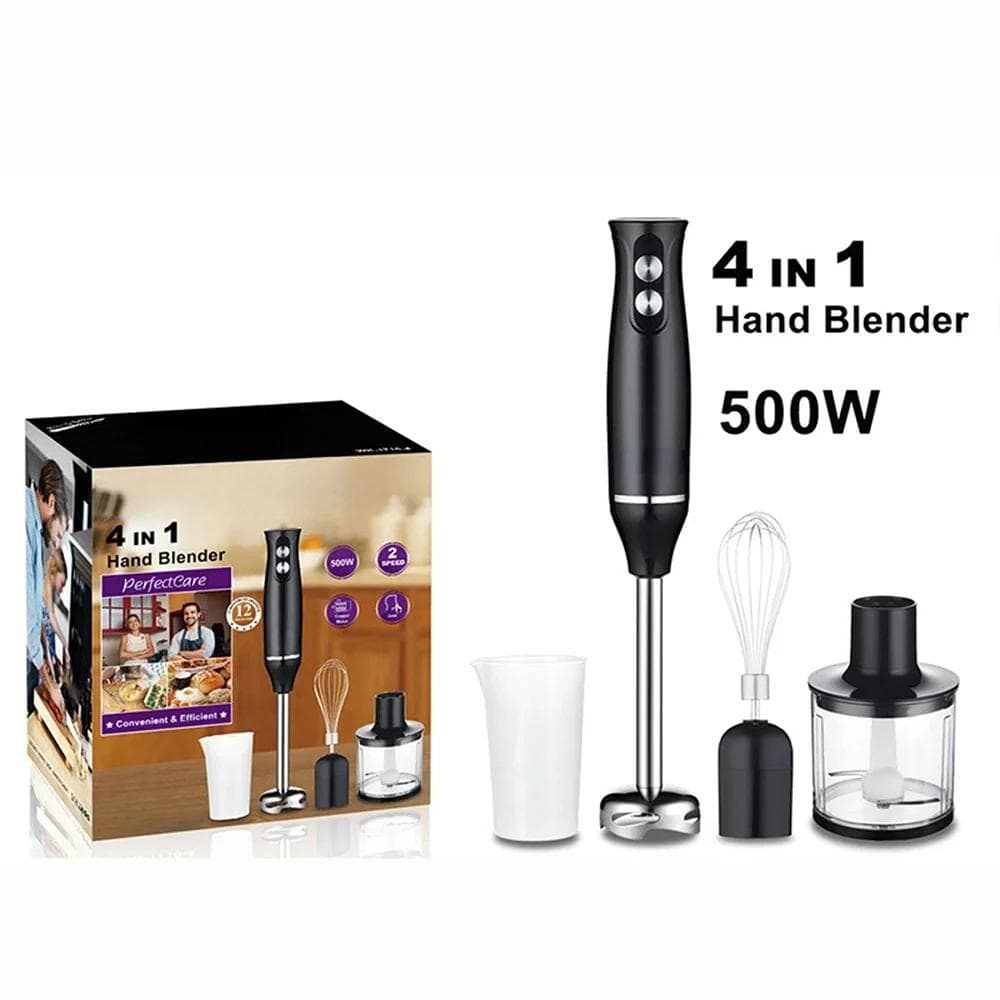 Hand Blender 4-in-1 500W 2 Speed with Stainless Steel Blades Powerful Food Smoothies Mixer with 500ml Processor 700ml Mixing Cup
