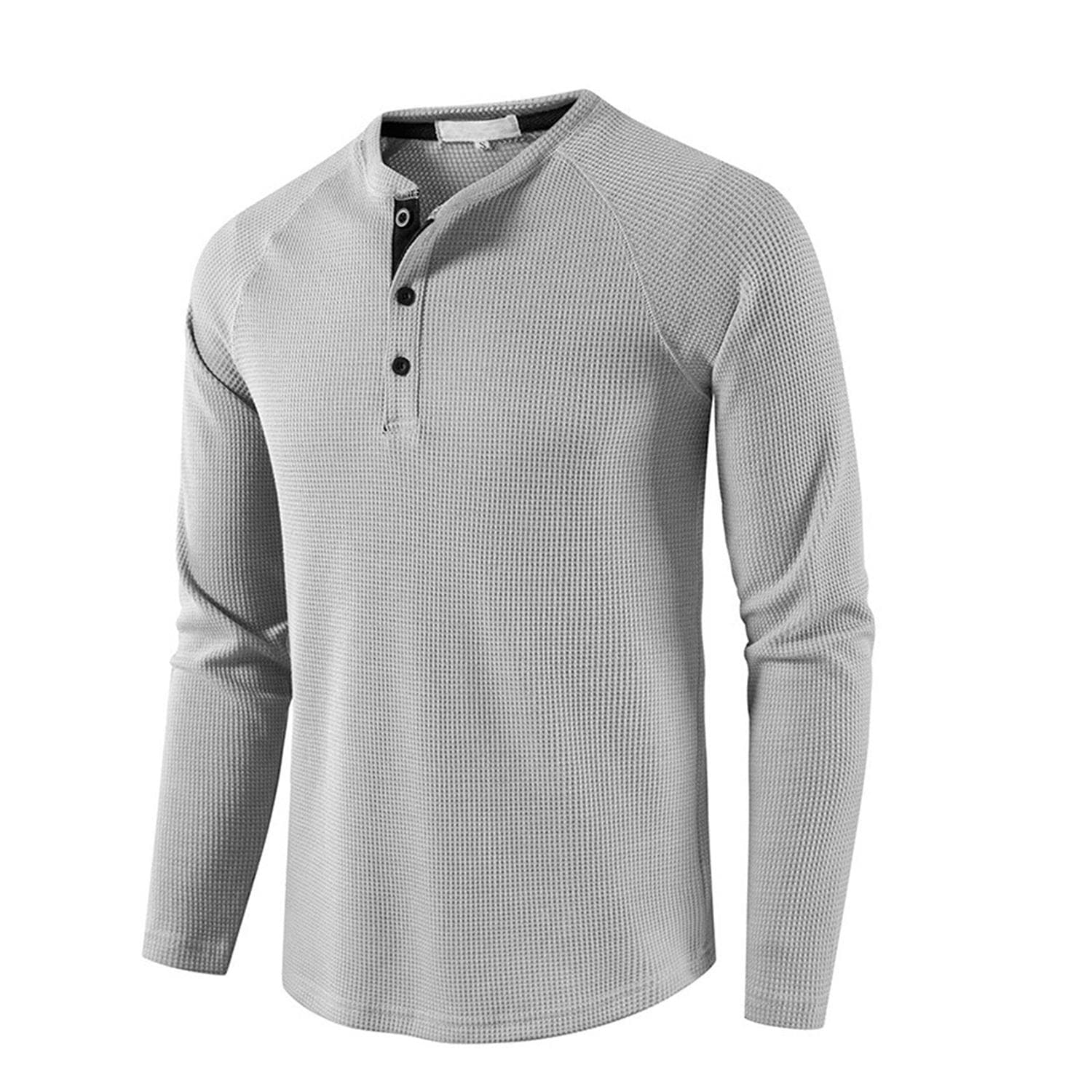 Men’s Waffle Henley Shirts Round Neck Long Sleeves T-Shirt Solid Color Casual Wear Autumn Winter Comfy Shirt L light grey