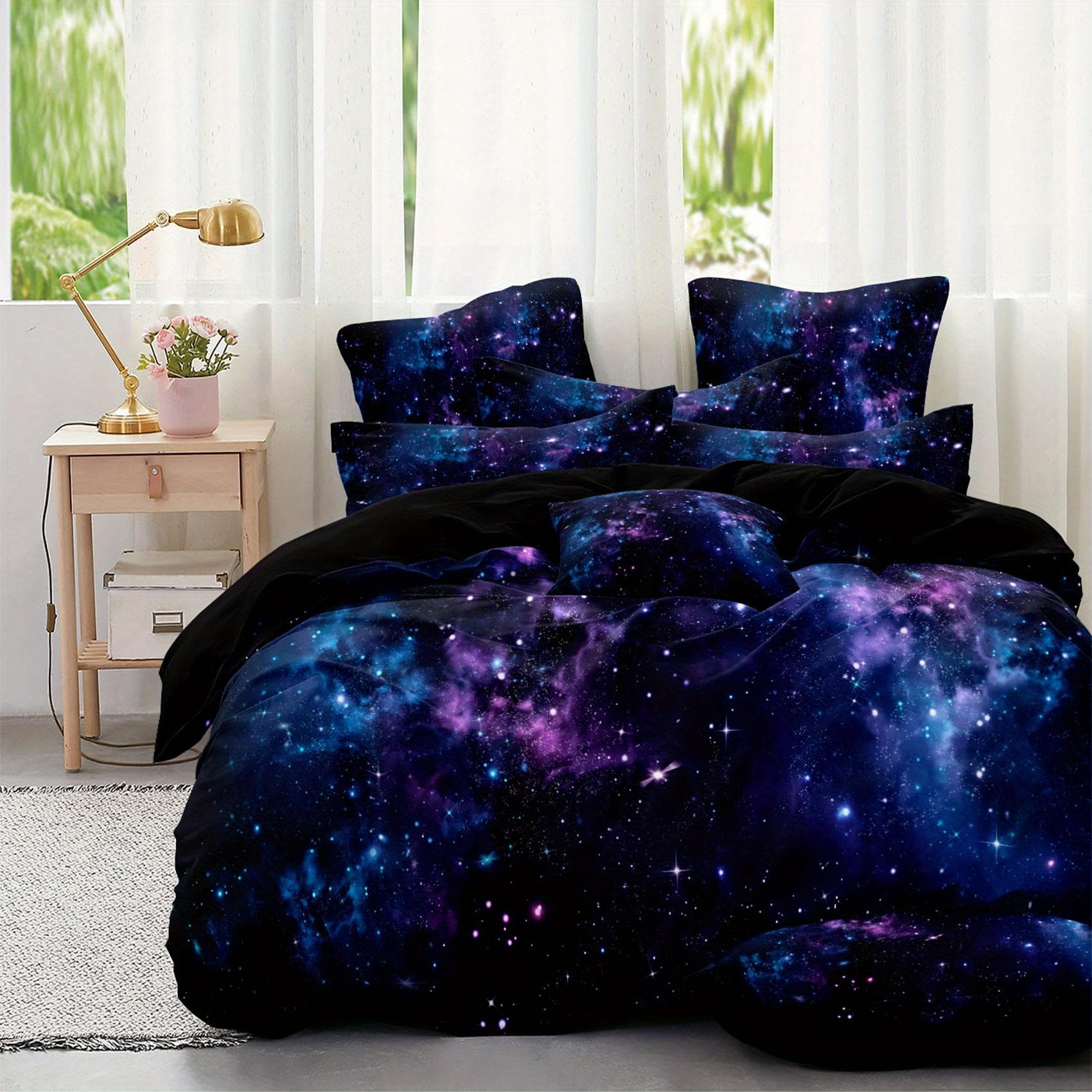 3pcs Celestial Galaxy Star Duvet Cover Set - Enchanting Purple Microfiber Bedroom Ensemble, Hypoallergenic, Easy Care Eu Single135x200cm