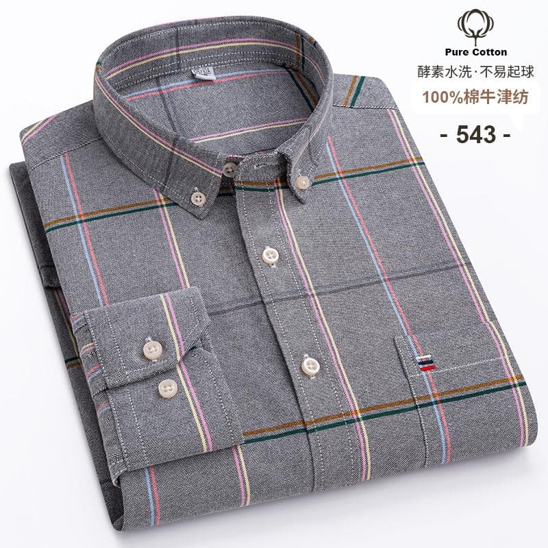 100% Cotton Oxford Men's Shirts Long Sleeves Plaid Soft Regular Fit Formal Dress Shirt Pocket Social Blouse Male Clothes S-7XL 4XL