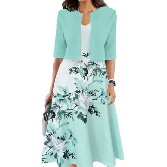 2 Pcs/Set Women Coat Dress Set Half Sleeve Solid Color Cardigan Floral Print V Neck Sleeveless A-line Dress Formal Commute Style Lady Midi Dress Set 2XL