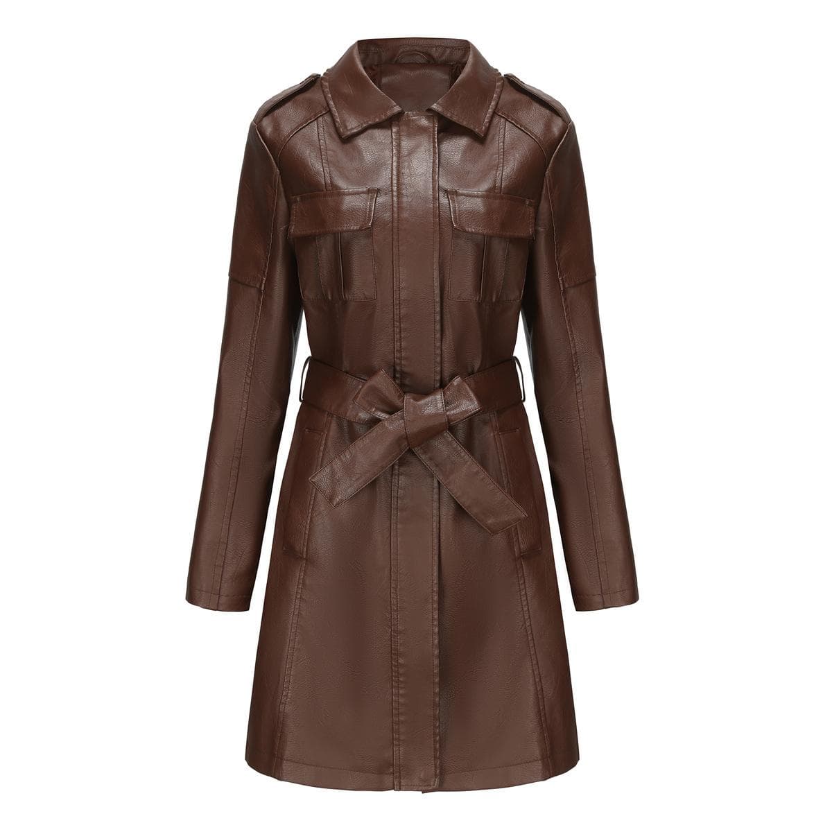 New Mid-length Leather Jacket with Belt, Spring and Autumn Long-sleeved Leather Windbreaker, Fashionable British Jacket for Women 3XL
