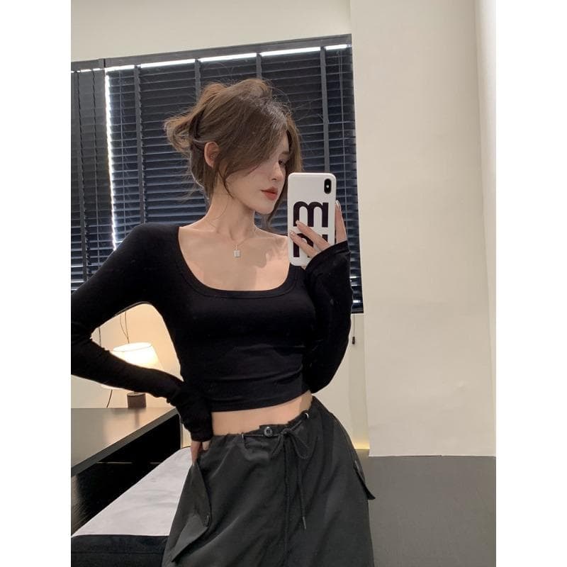 U-neck Threaded Long-sleeved T-shirt Women's Spring Pure Sexy Short Inner Tight Fitting Slim Base Shirt Top XL