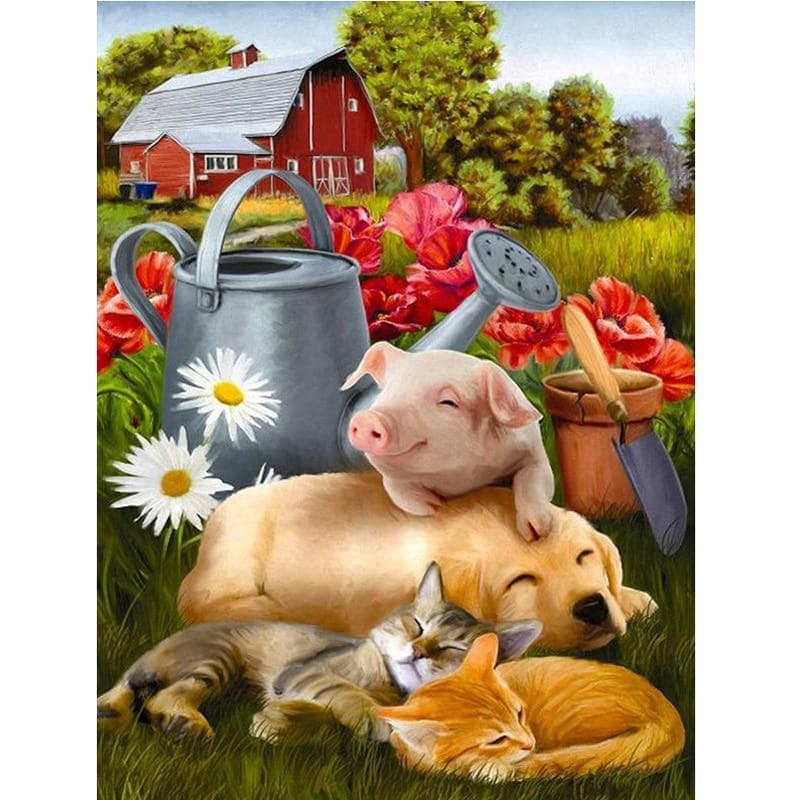 Diamond Craft Painting Diamond Embroidery Craft Painting Pig and Dog Sleeping Animal Flower Wall Art 20X30CM