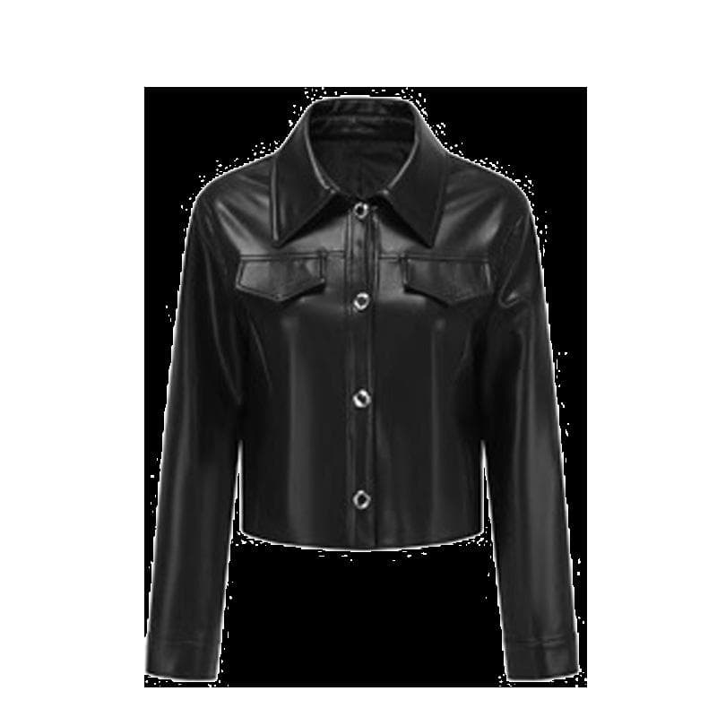 Spring and Autumn Retro Leather Jacket Women's Lapel Single-breasted Slim-fitting Short Jacket Top XL