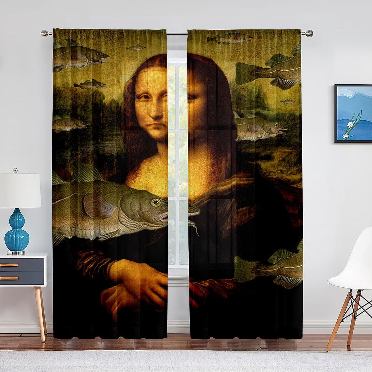 Mona Lisa and Funny Kittens Painting Tulle Curtain for Bedroom Window Curtain Luxury Cafe Hotel Decor Living Room Sheer Drape 1 PCS W100XH250cm&Grommet Top