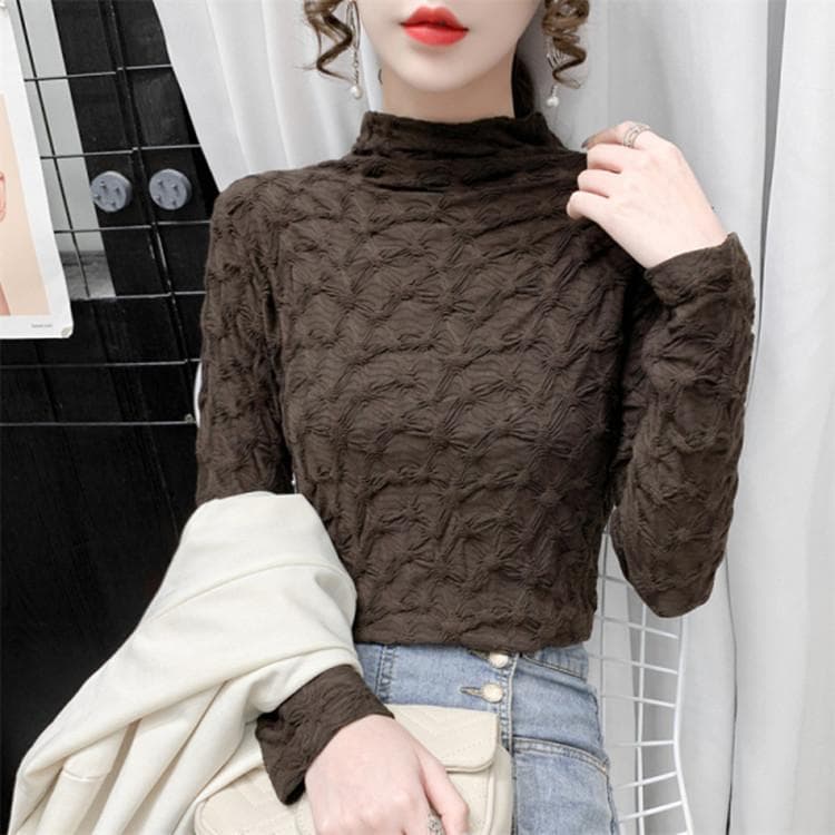 Stand-up Collar Pleated Long-sleeved Lace Shirt for Women In Autumn and Winter Slim Stand Collar Inner Bottom Top Lace Shirt XXL brown