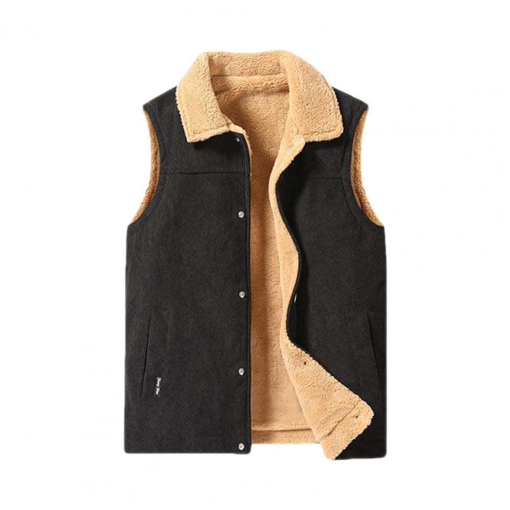 Men Winter Waistcoat Velvet Lining Corduroy Vest Coat Lapel Sleeveless Single-Breasted Thickened Vest with Pockets XXL black