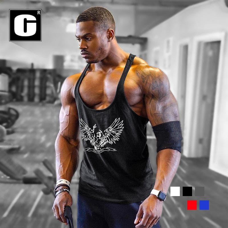 Men's Fitness Vest Wing Sports Fashion Comfortable Cotton Print Thin Belt Muscle T-shirt XL black