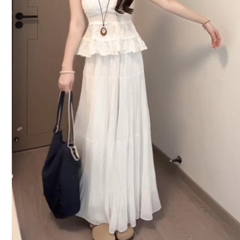 Apricot Chiffon Skirt for Women In Summer New High-waisted A-line Fluffy Cake Skirt Design Pleated Fairy Long Skirt XL