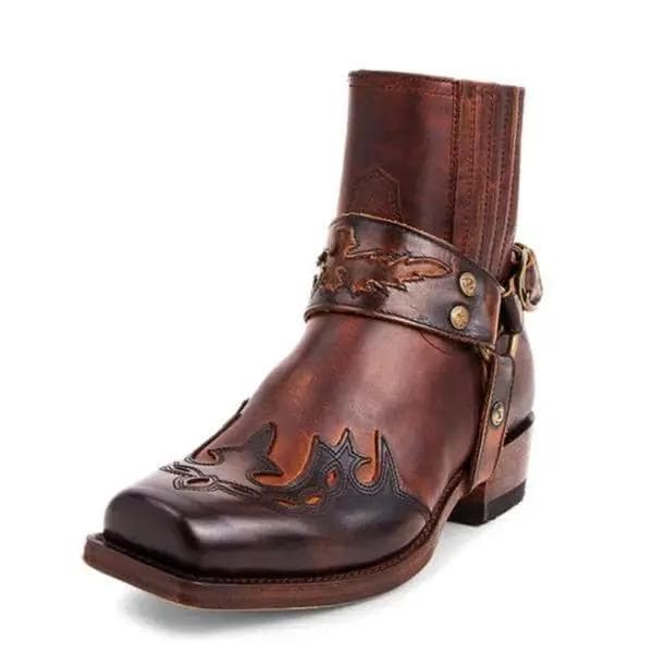 Men Embroidered Cowboy Boots Low-heeled Printed Vintage Motorcycle Ankle Boots for Men Pu Leather Casual Zapatos De Hombre Size 47 light coffee
