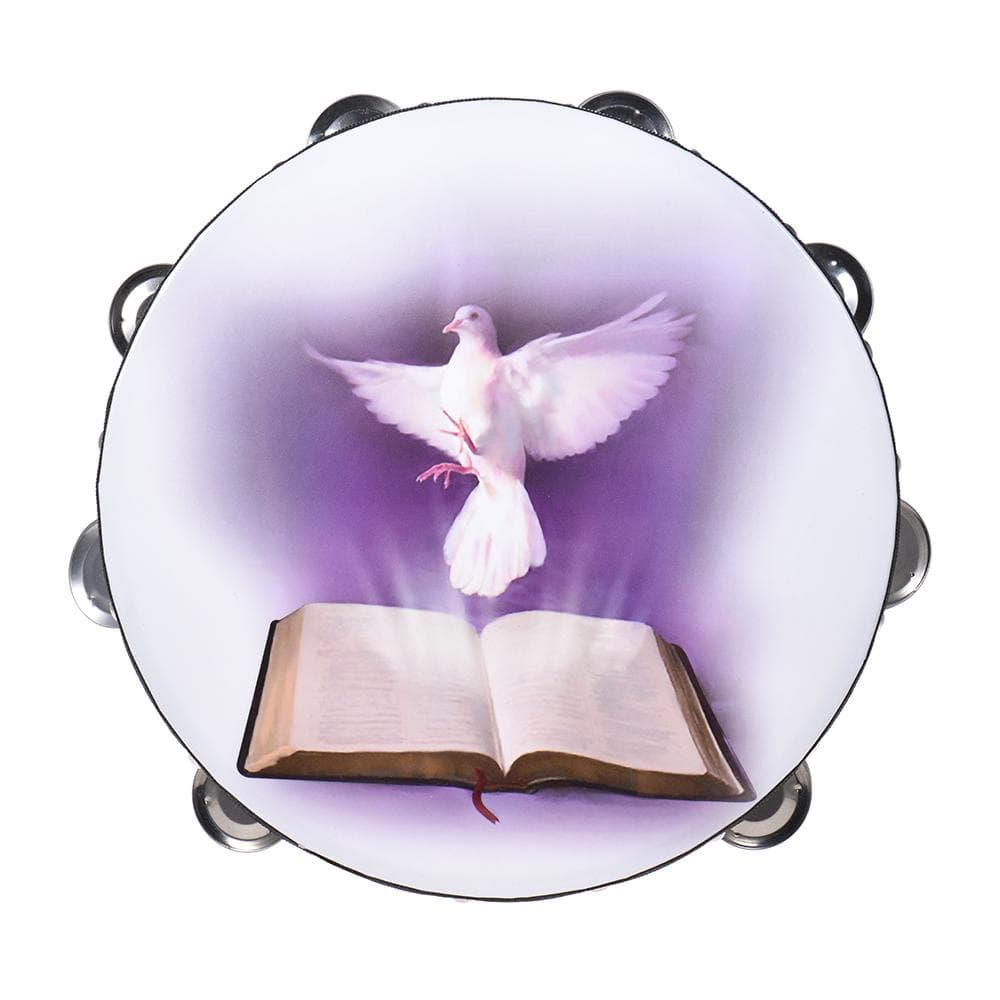 Double Row Jingle Tambourine Handbell Clap Drum with Dove&Bible Pattern 10 inch