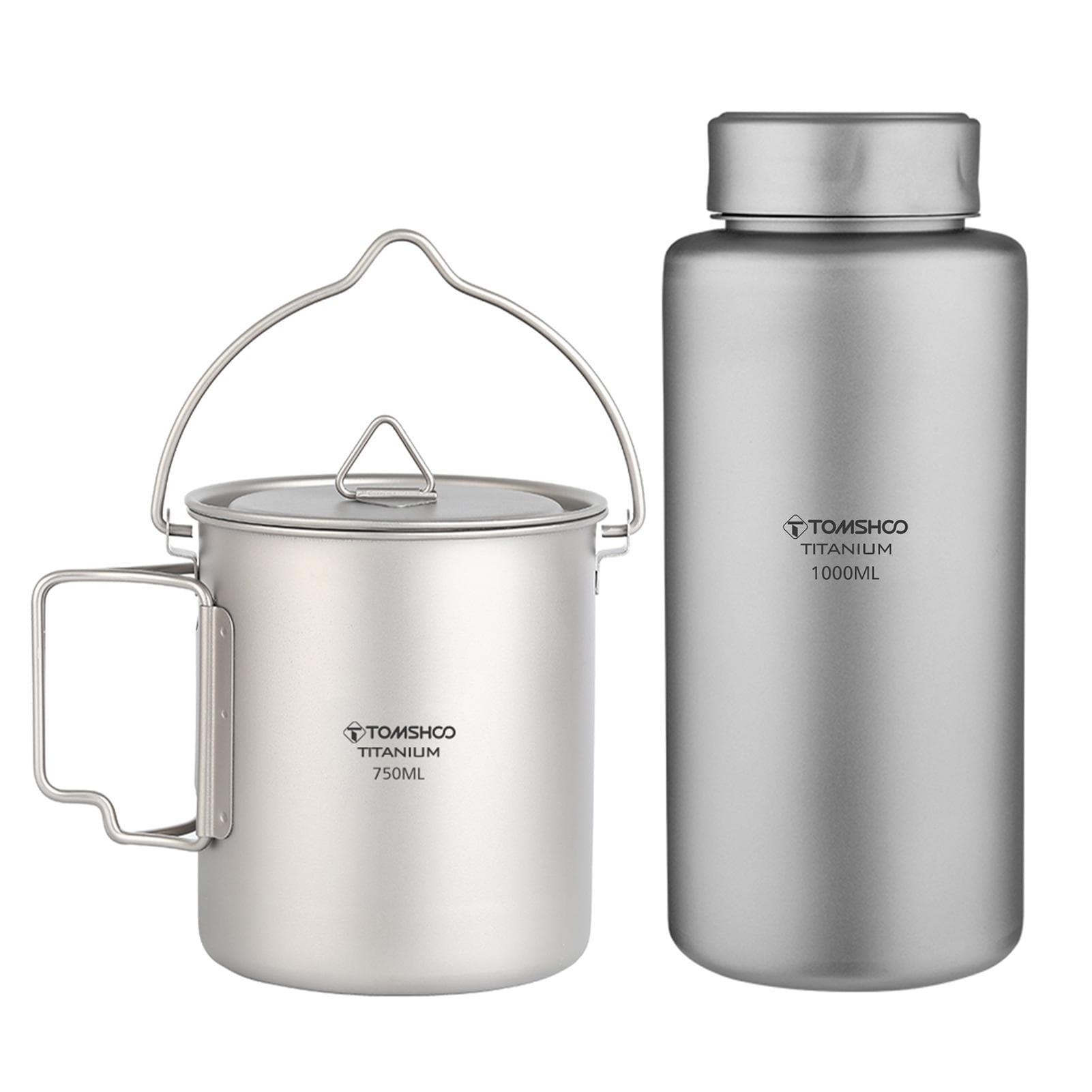 TOMSHOO 1L Titanium Water Bottle Lightweight Leak-proof Sport Water Bottle with 750ml Hanging Pot 1L bottle & 750ml pot