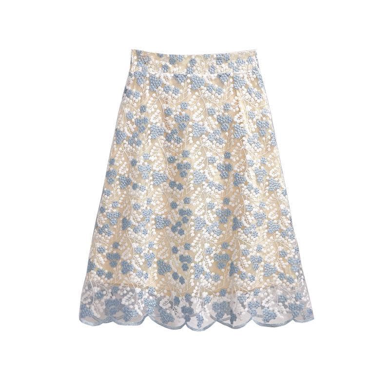 Spring and Summer Fragmented Flower Embroidery Half-length Dress Lace Dress Medium Length Dress A-line Large Swing Slim Fit Fairy Dress 3XL blue