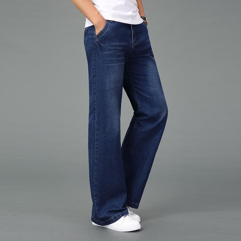 Men's Mid Waist Flared Jeans Boot Cut Leg Flared Loose Fit High Waist Male Designer Classic Denim Jeans 26 dark blue
